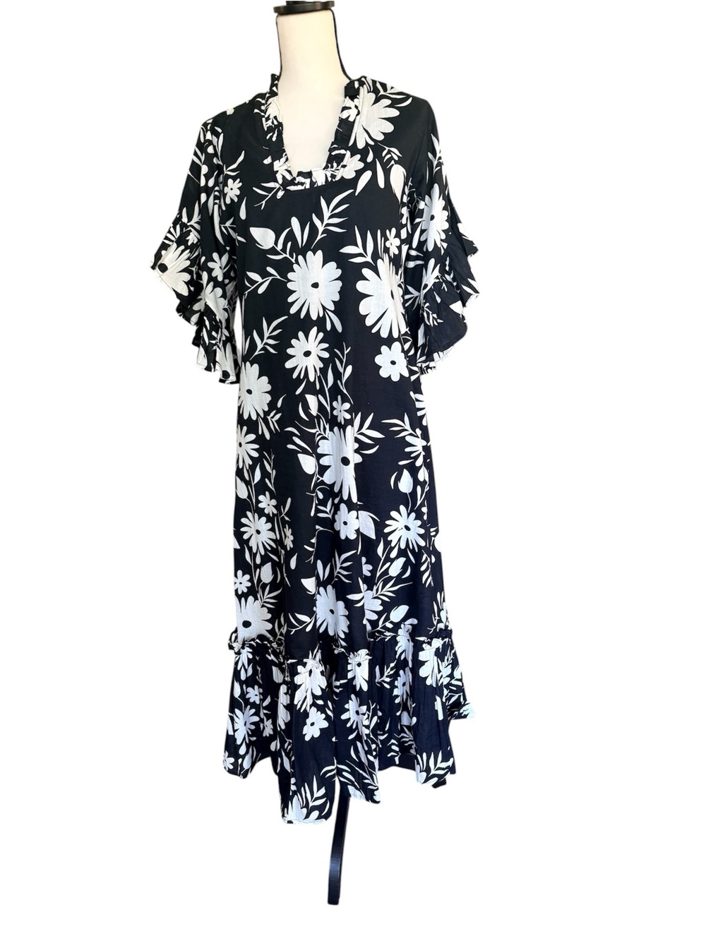 Fitzroy & Willa Black and White Floral Ruffle Midi Dress - lined 100% Cotton